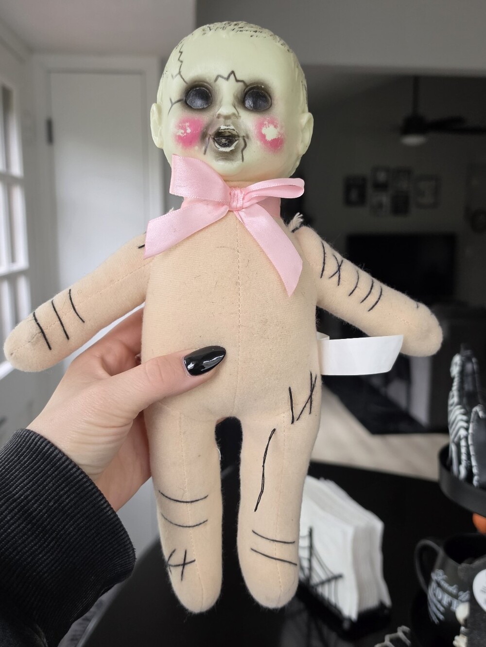 Creepy Pink Bow Plush Doll - Pale Green Face, Beige Body Voodoo Doll Halloween